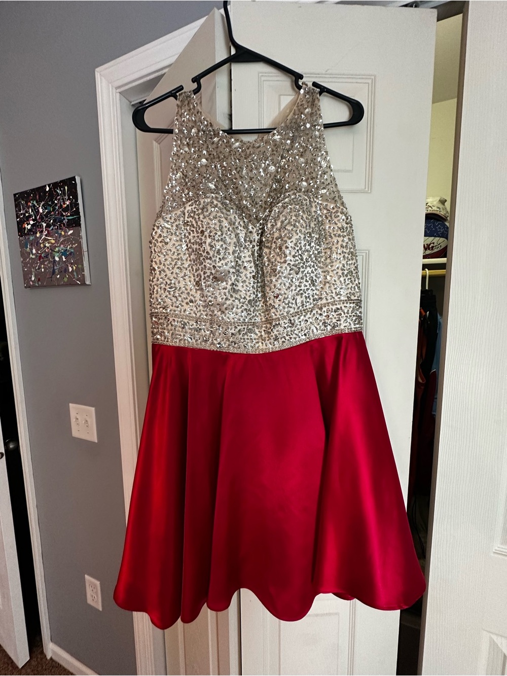 Sequined Bodice Red Satin Midi Dress